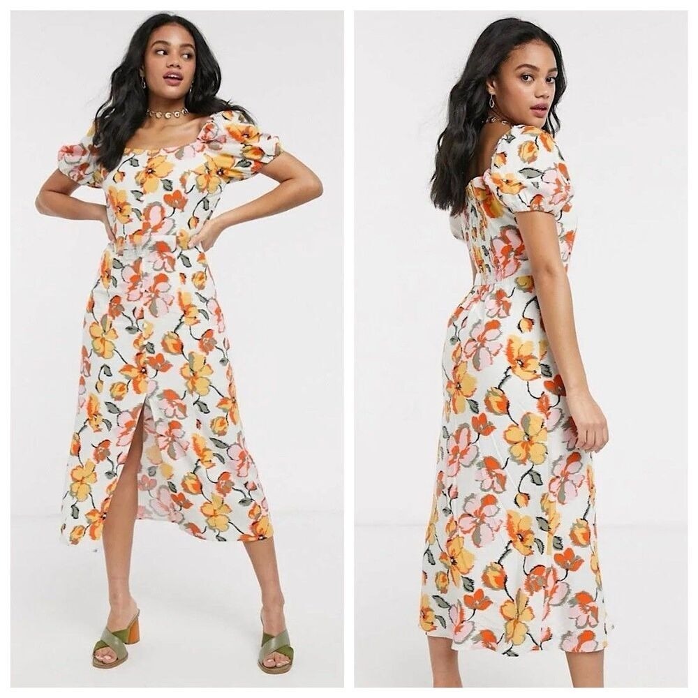 Moon River Linen Blend Dress Sz L Floral Short Puff Sleeves Faux Button Front